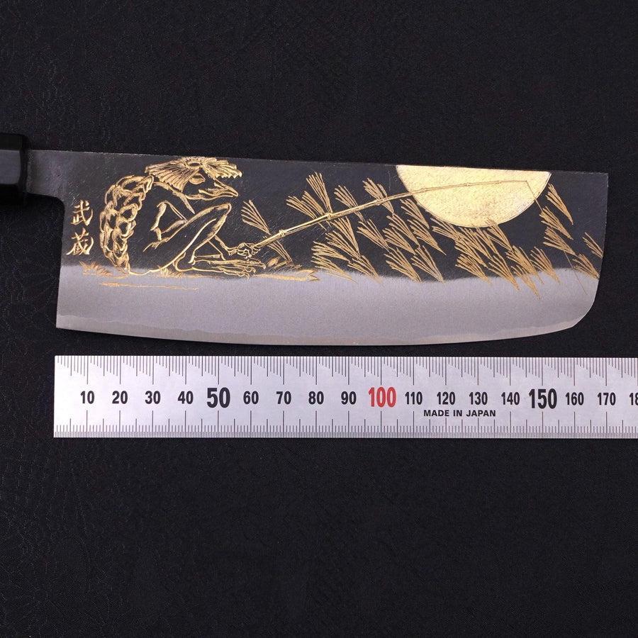 Nakiri Blue Steel #2 Kurouchi Chokin "Fischender Kappa - Lauernd" Büffelhorn und Ebenholz Griff 165mm - Image 8
