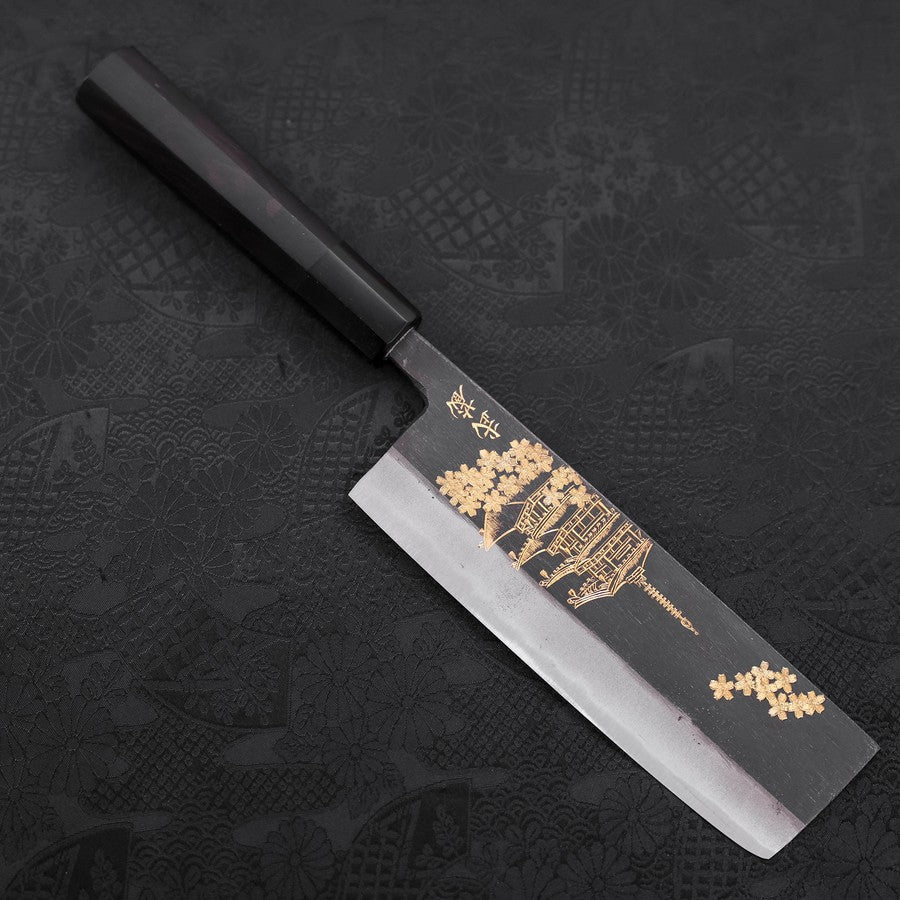 Nakiri Blue Steel #2 Kurouchi Chokin "Sakura Fünfstöckige Pagode" Büffelhorn und Ebenholz Griff 165mm