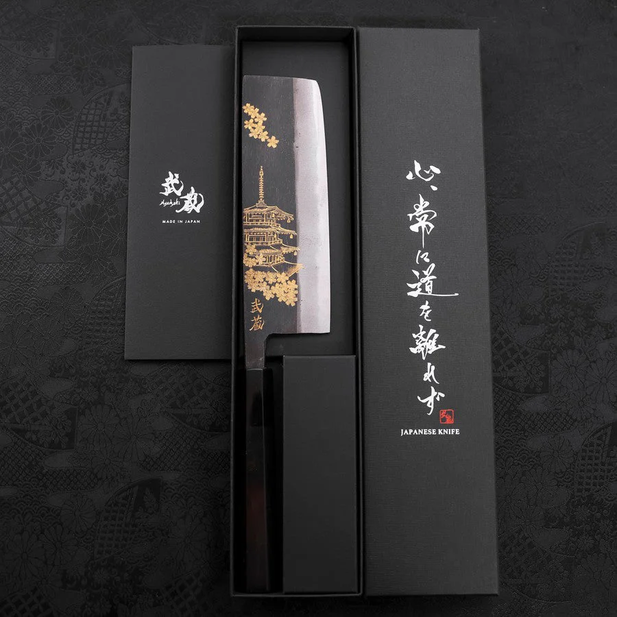 Nakiri Blue Steel #2 Kurouchi Chokin "Sakura Fünfstöckige Pagode" Büffelhorn und Ebenholz Griff 165mm - Image 8