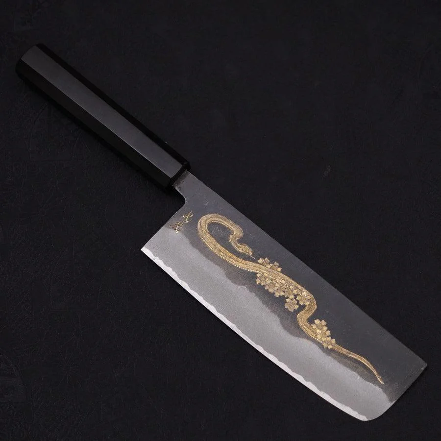 Nakiri White Steel #2 Kurouchi Chokin "Schlange In Sakura" Büffelhorn und Ebenholz Griff 165mm