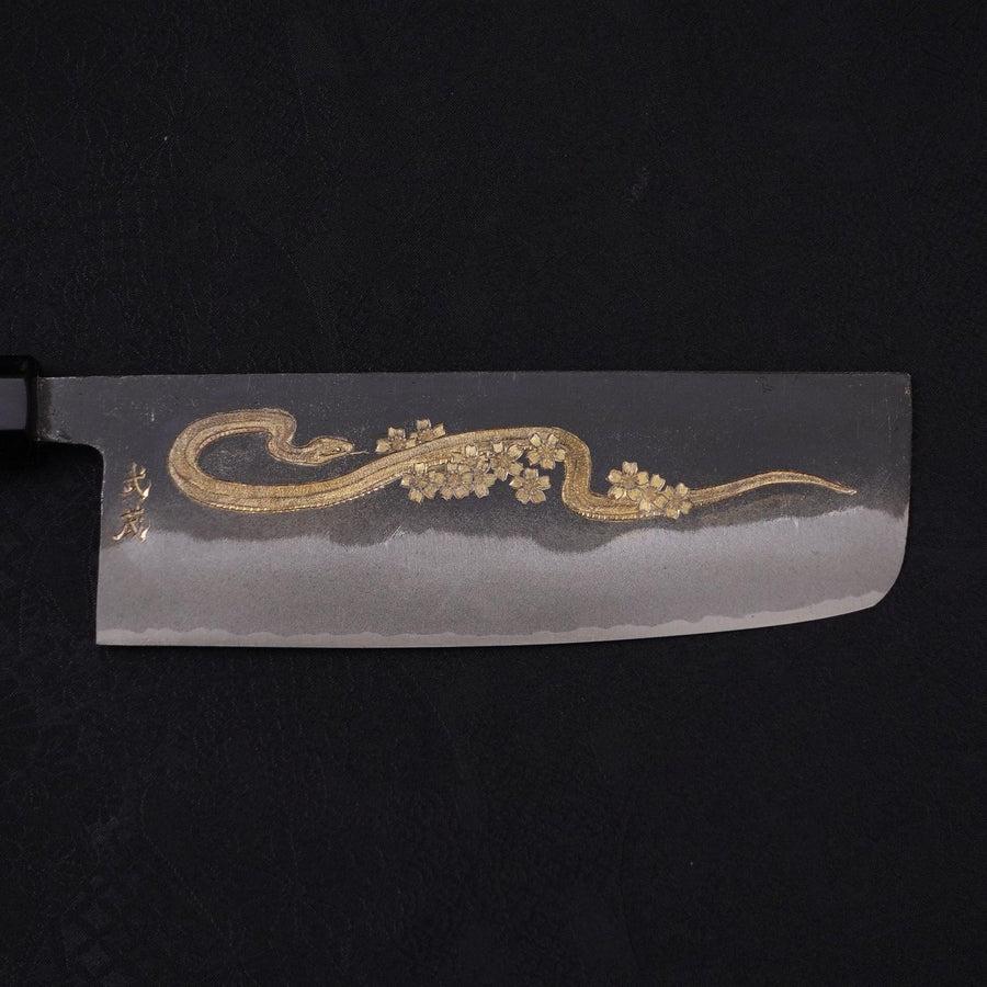 Nakiri White Steel #2 Kurouchi Chokin "Schlange In Sakura" Büffelhorn und Ebenholz Griff 165mm - Image 3