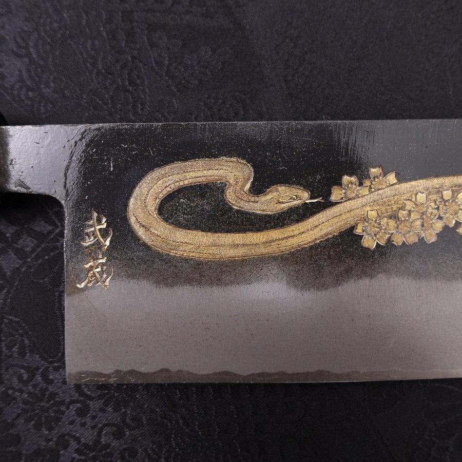 Nakiri White Steel #2 Kurouchi Chokin "Schlange In Sakura" Büffelhorn und Ebenholz Griff 165mm - Image 4
