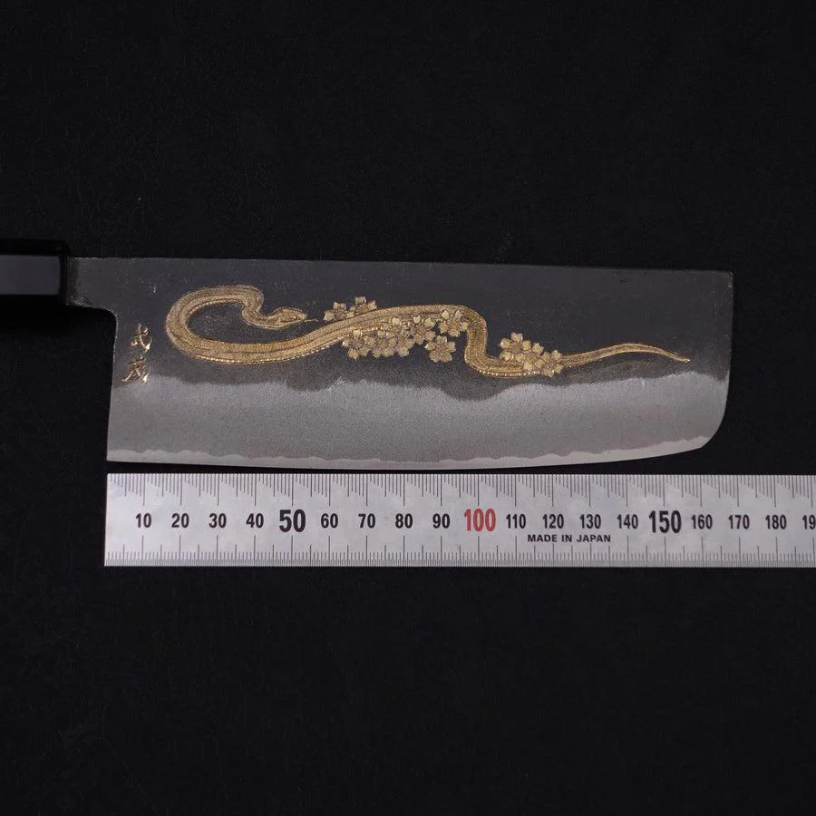 Nakiri White Steel #2 Kurouchi Chokin "Schlange In Sakura" Büffelhorn und Ebenholz Griff 165mm - Image 8