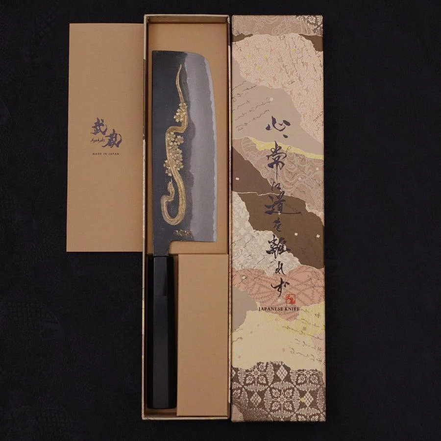 Nakiri White Steel #2 Kurouchi Chokin "Schlange In Sakura" Büffelhorn und Ebenholz Griff 165mm - Image 9
