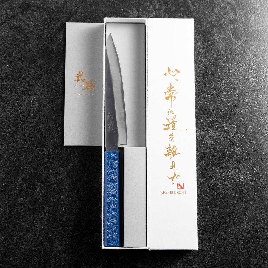 Petty Blue Steel #1 Edelstahlummantelung Kurouchi Blauer Urushi Griff 150mm - Image 8
