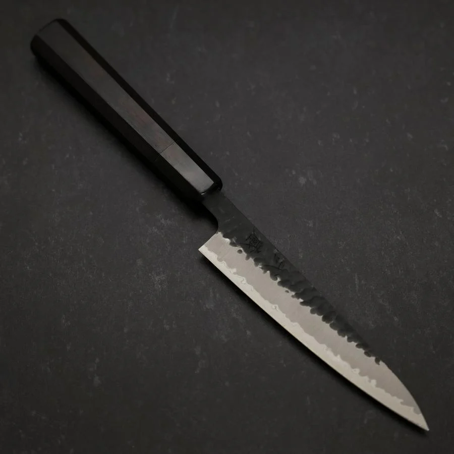 Petty Blue Super Edelstahlummantelung Kurouchi Tsuchime Büffelhorn und Ebenholz Griff 135mm