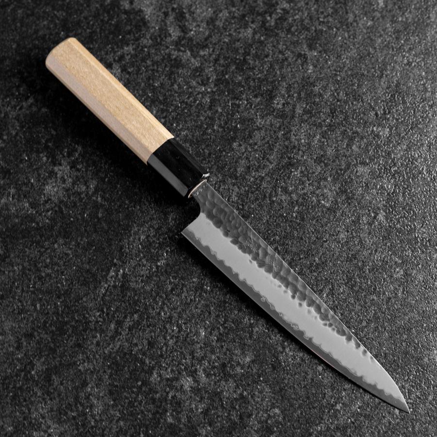 Petty Edelstahlummantelung Blue Super Kurouchi Tsuchime Büffelhorn und Magnolienholz Griff 150mm