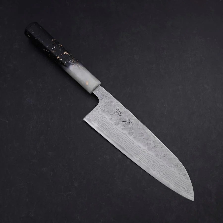 Santoku 440C Nashiji Damast Weiß-Schwarzer Ozeanplastik Griff mit Blattgold 165mm