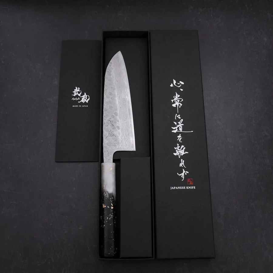 Santoku 440C Nashiji Damast Weiß-Schwarzer Ozeanplastik Griff mit Blattgold 165mm - Image 8