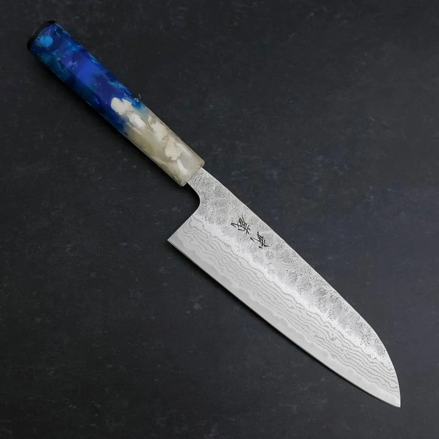 Santoku 440C Nashiji Damast Weiß-Blauer Ozeanplastik Griff 165mm