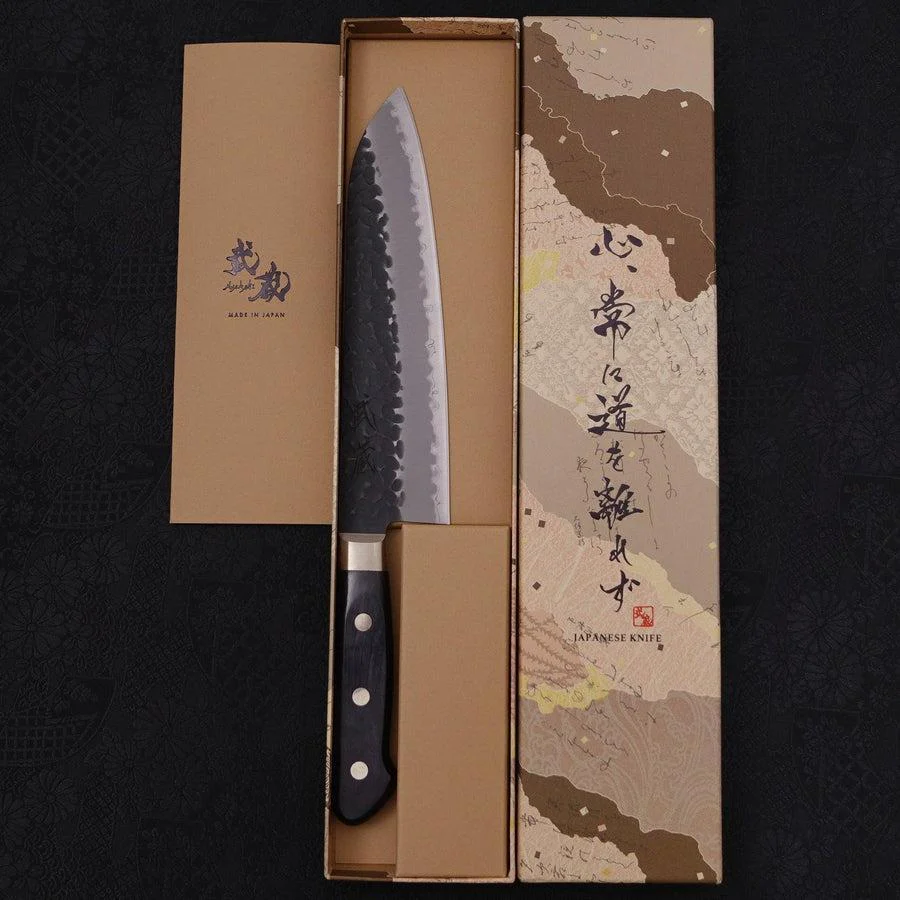 Santoku Aogami-Super Edelstahlummantelung Kurouchi Tsuchime Schwarzer Westlicher Griff 180mm - Image 8