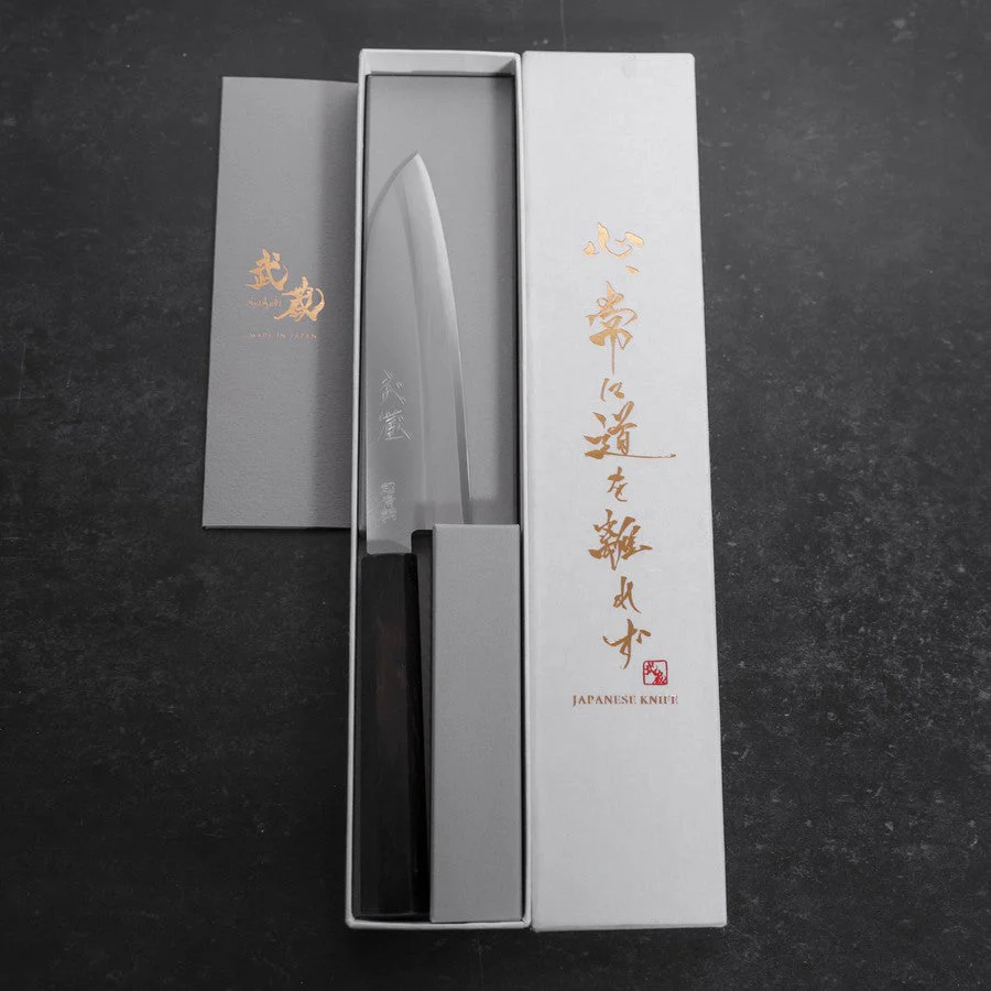Santoku Aogami-Super Edelstahlummantelung Poliert Büffelhorn und Ebenholz Griff 140mm - Image 8