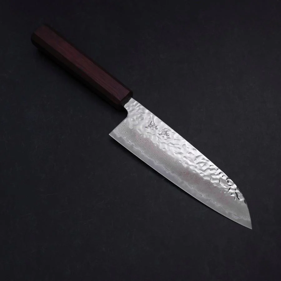Santoku AUS-10 Kagami Tsuchime Damast Lila Urushi Griff 165mm