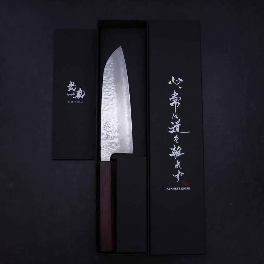 Santoku AUS-10 Kagami Tsuchime Damast Lila Urushi Griff 165mm - Image 8