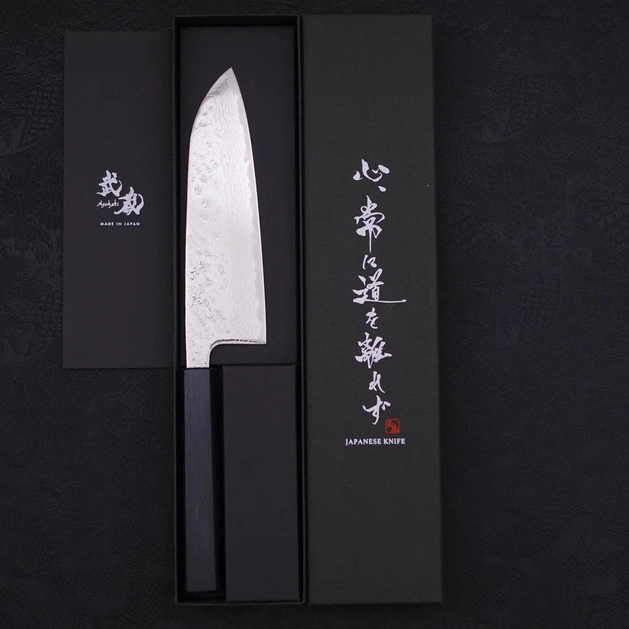 Santoku AUS-10 Nashiji Damast Dunkelblauer Urushi Griff 165mm - Image 8