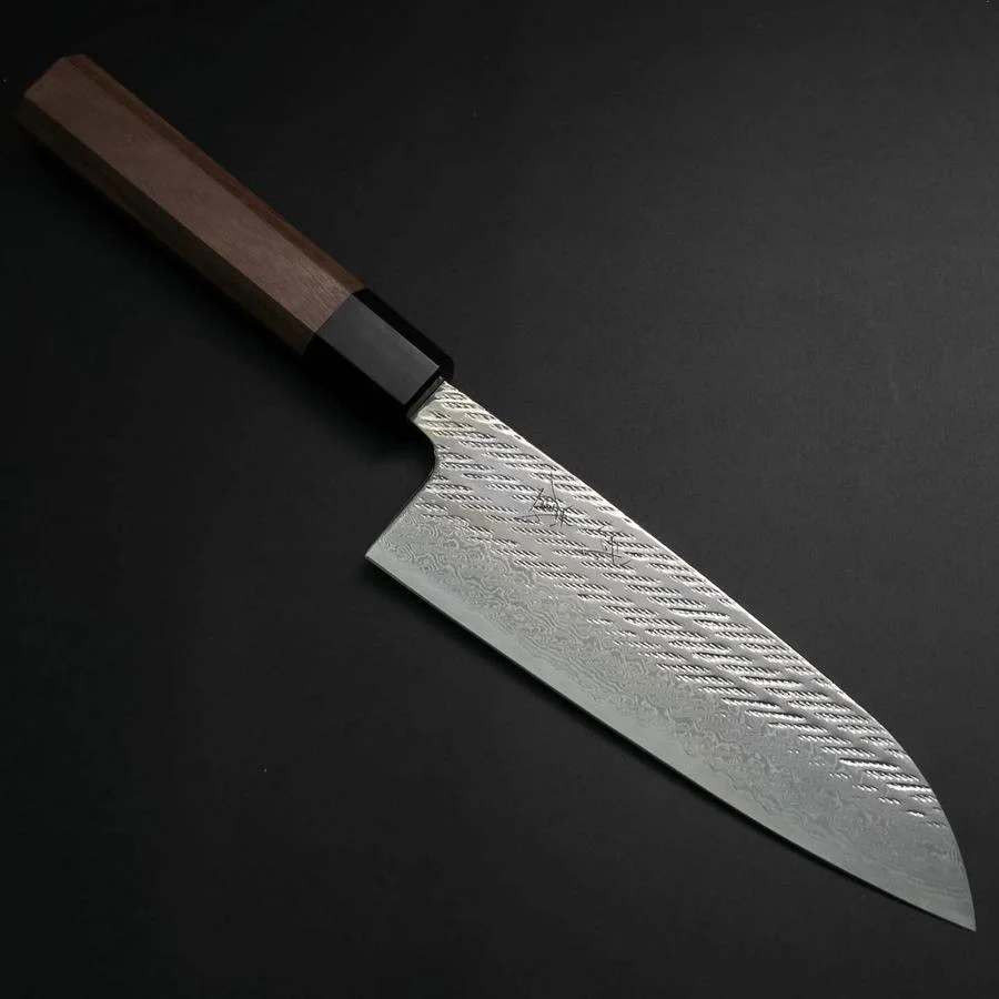 Santoku Silver Steel #3 Nawame Damast Büffelhorn und Walnussholz Griff 165mm