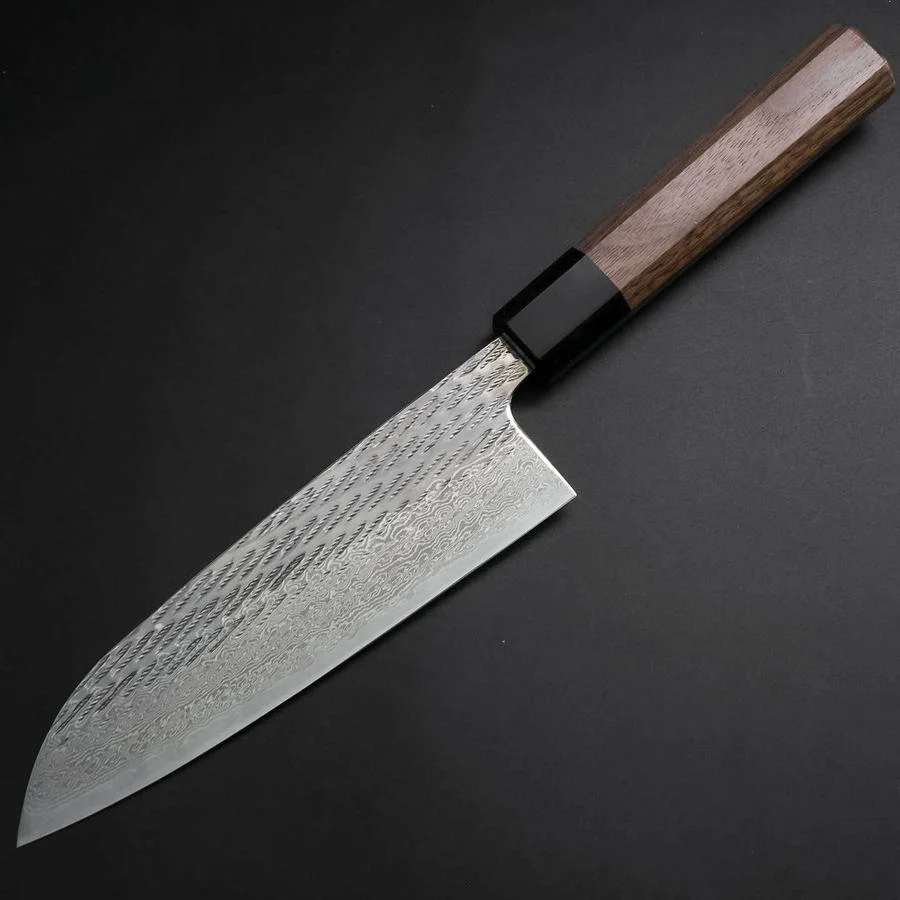 Santoku Silver Steel #3 Nawame Damast Büffelhorn und Walnussholz Griff 165mm - Image 2