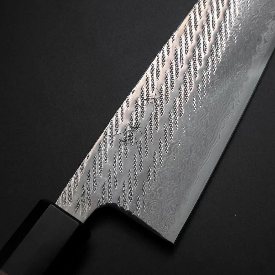 Santoku Silver Steel #3 Nawame Damast Büffelhorn und Walnussholz Griff 165mm - Image 3