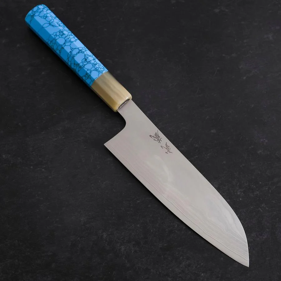Santoku AUS-10 Nickel Damast Büffelhorn und Türkis Griff 170mm
