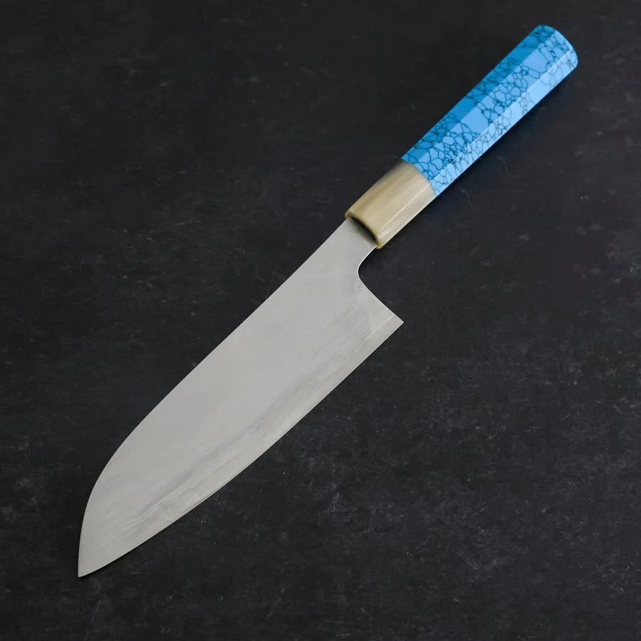 Santoku AUS-10 Nickel Damast Büffelhorn und Türkis Griff 170mm - Image 2
