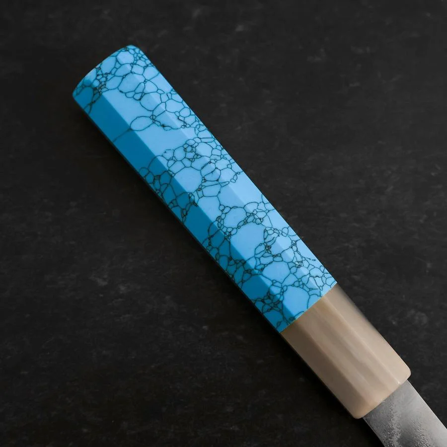 Santoku AUS-10 Nickel Damast Büffelhorn und Türkis Griff 170mm - Image 6