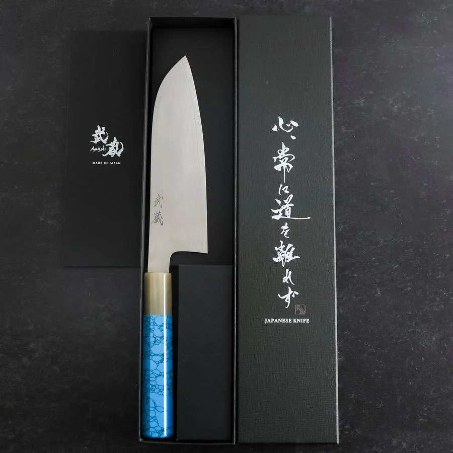 Santoku AUS-10 Nickel Damast Büffelhorn und Türkis Griff 170mm - Image 8