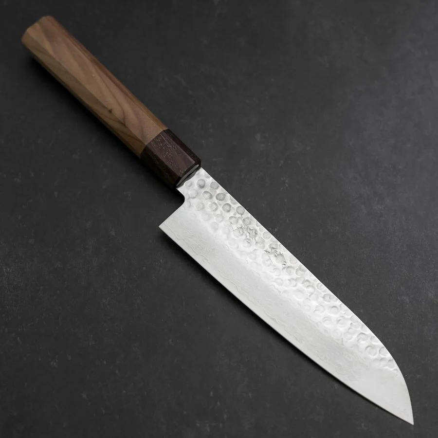 Santoku AUS-10 Tsuchime Damast Rosenholz und Walnussholz Griff 180mm