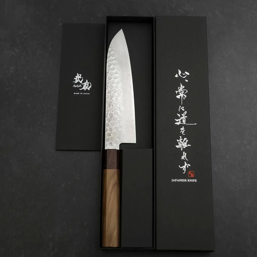 Santoku AUS-10 Tsuchime Damast Rosenholz und Walnussholz Griff 180mm - Image 8