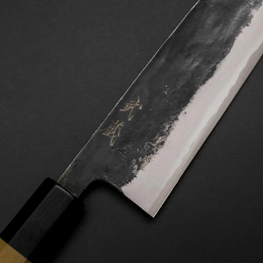 Santoku Blue Steel #1 Kurouchi Büffelhorn und Magnolienholz Griff 165mm - Image 3