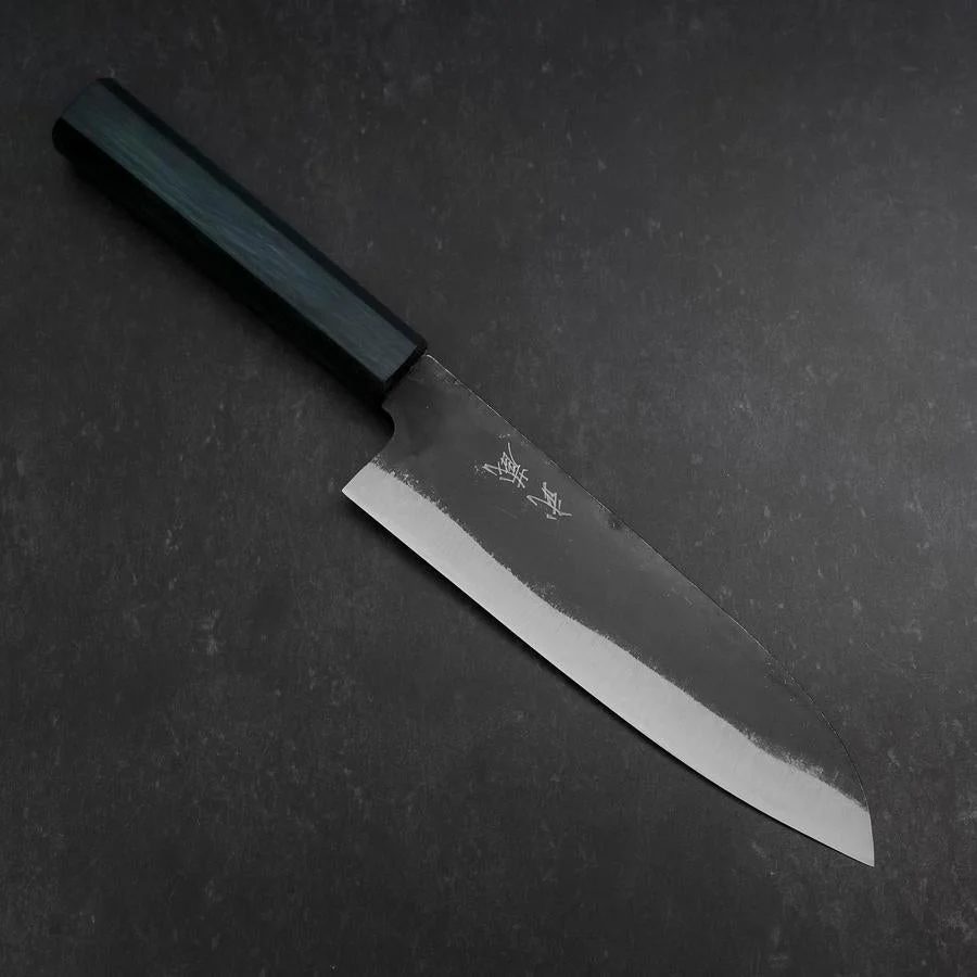 Santoku Blue Steel #1 Kurouchi Büffelhorn und Ebenholz Griff 165mm