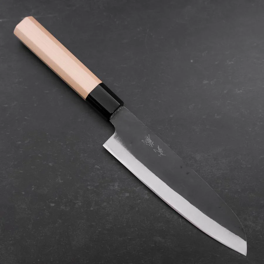 Santoku Blue Steel #1 Edelstahlummantelung Kurouchi Büffelhorn und Magnolienholz Griff 165mm