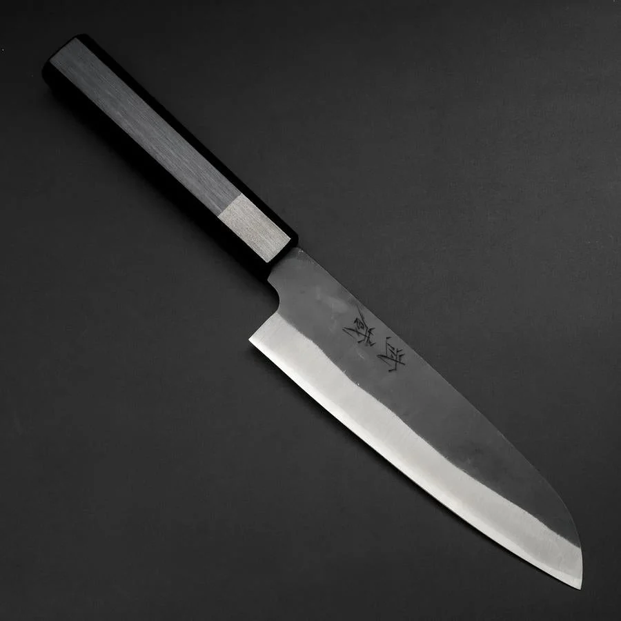 Santoku Blue Steel #1 Edelstahlummantelung Kurouchi Dunkelblauer Urushi Griff 170mm