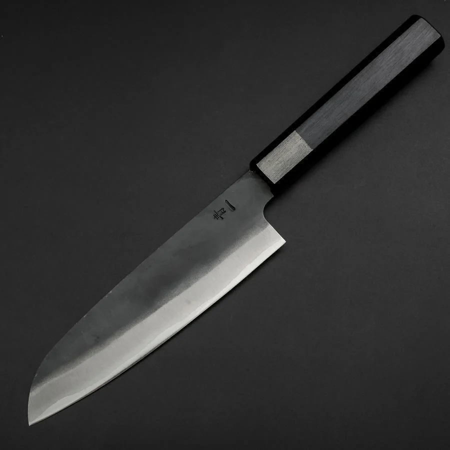 Santoku Blue Steel #1 Edelstahlummantelung Kurouchi Dunkelblauer Urushi Griff 170mm - Image 2