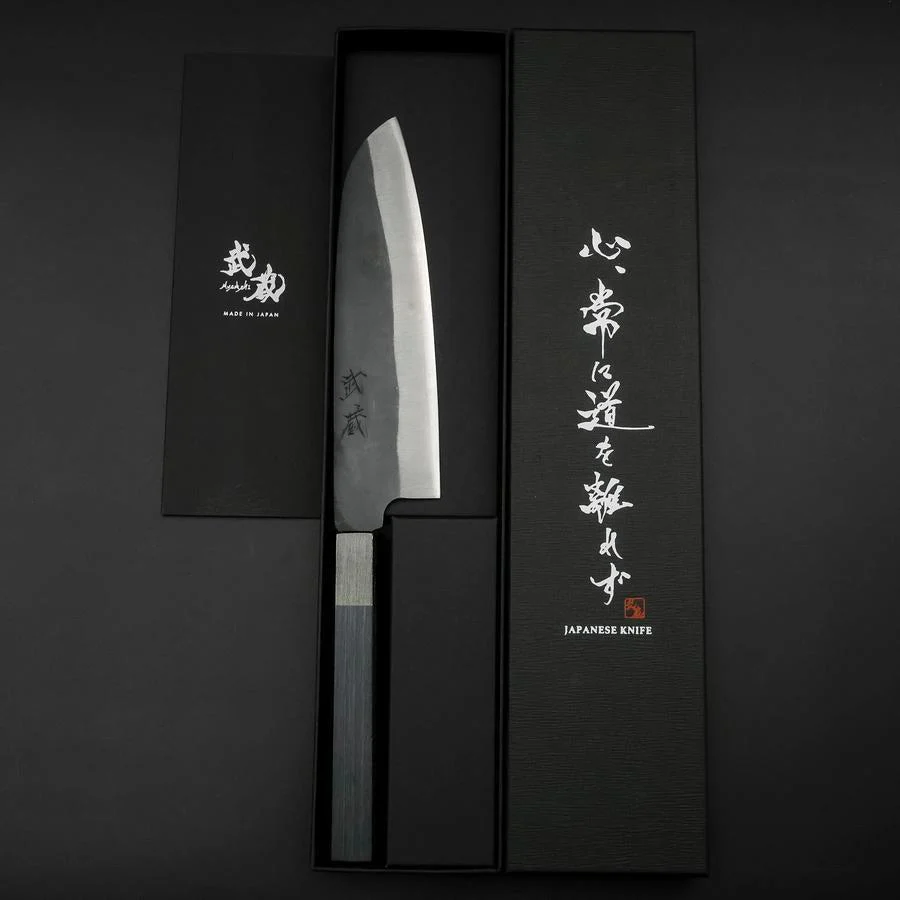 Santoku Blue Steel #1 Edelstahlummantelung Kurouchi Dunkelblauer Urushi Griff 170mm - Image 8