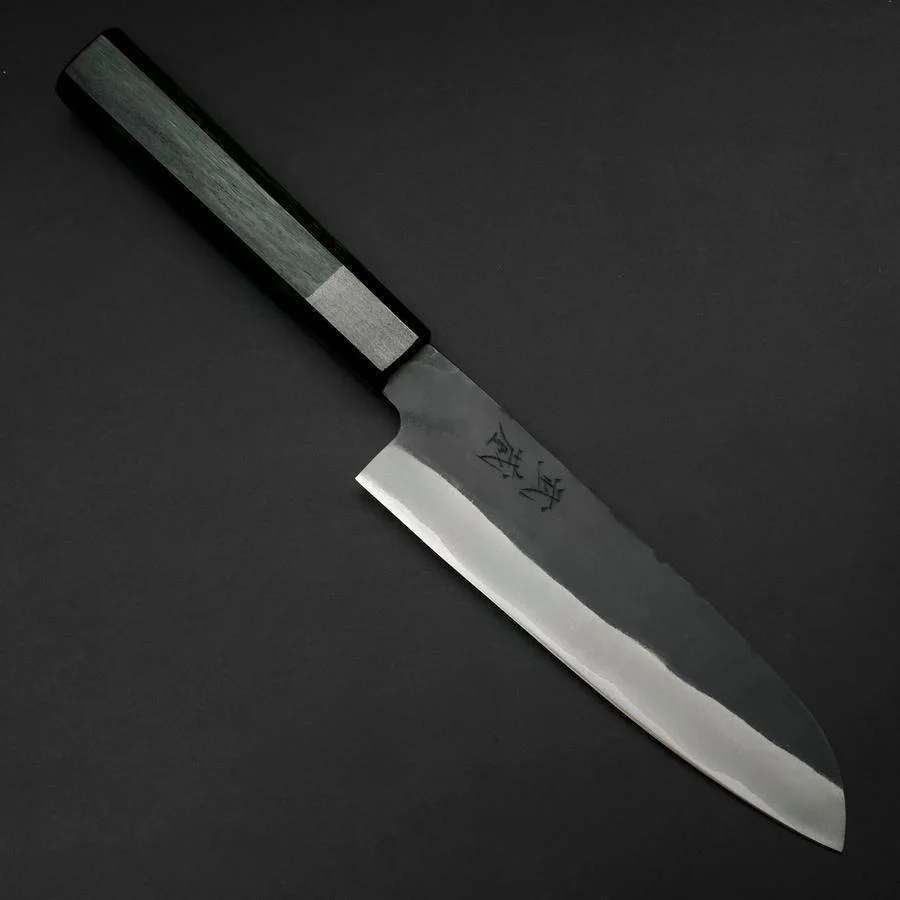 Santoku Blue Steel #1 Edelstahlummantelung Kurouchi Grüner Urushi Griff 170mm
