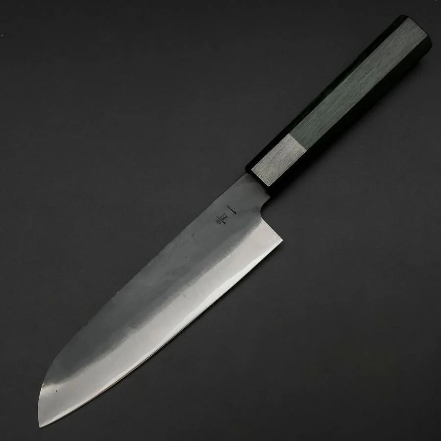 Santoku Blue Steel #1 Edelstahlummantelung Kurouchi Grüner Urushi Griff 170mm - Image 2