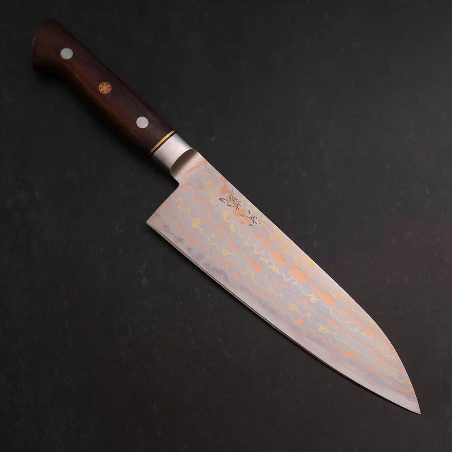 Santoku Blue Steel #2 Edelstahlummantelung Kolorierter Damast Westlicher Eisenholz Griff 180mm