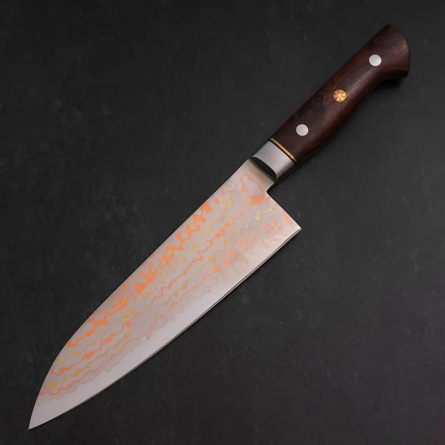 Santoku Blue Steel #2 Edelstahlummantelung Kolorierter Damast Westlicher Eisenholz Griff 180mm - Image 2
