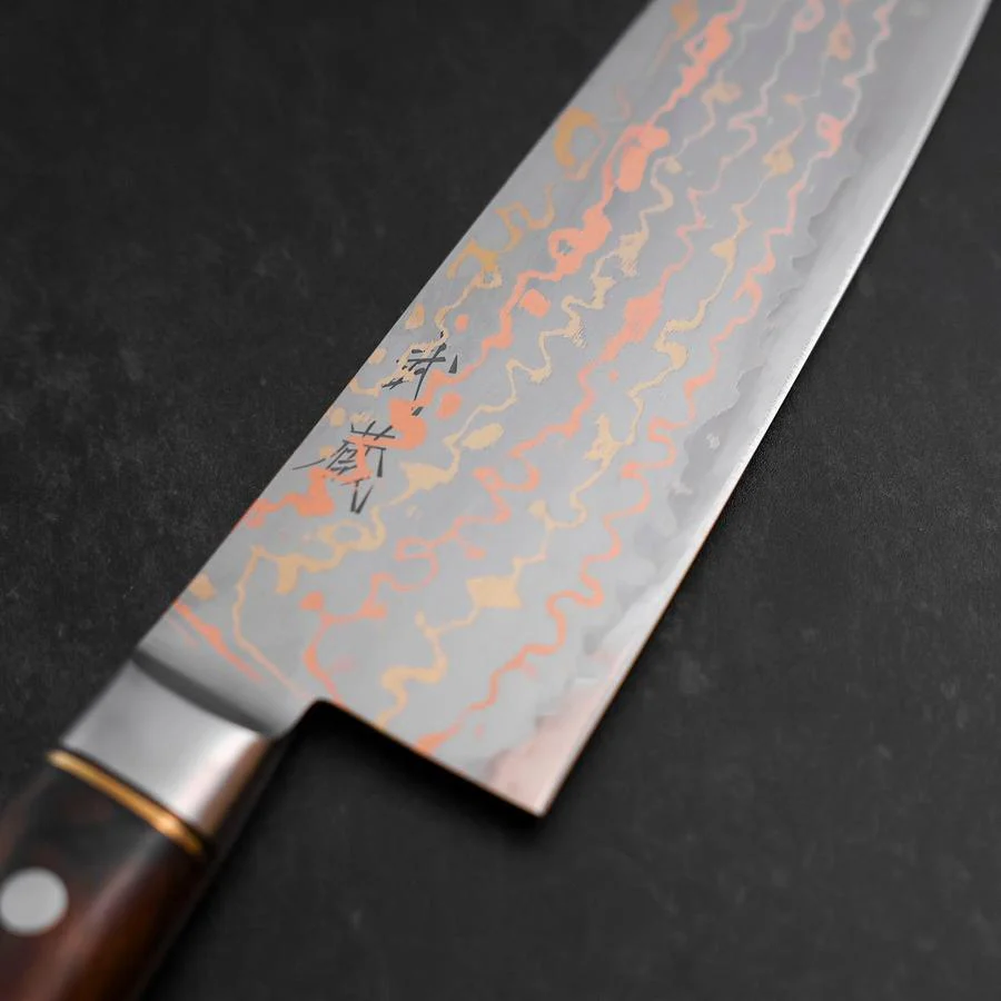 Santoku Blue Steel #2 Edelstahlummantelung Kolorierter Damast Westlicher Eisenholz Griff 180mm - Image 3
