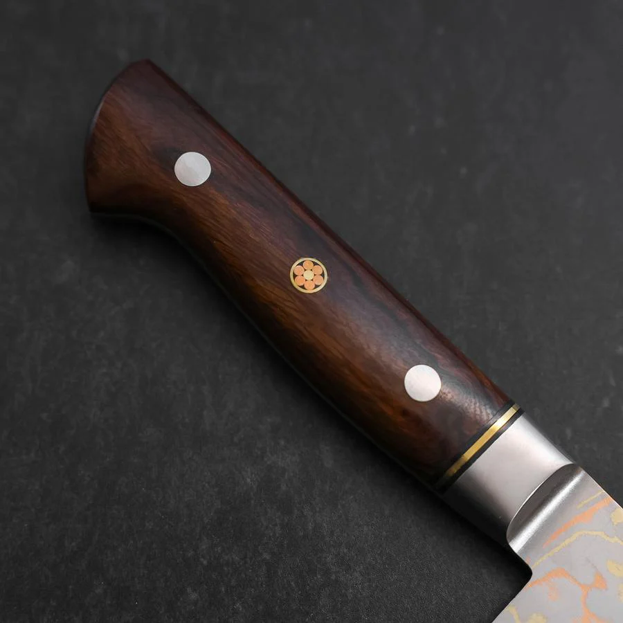 Santoku Blue Steel #2 Edelstahlummantelung Kolorierter Damast Westlicher Eisenholz Griff 180mm - Image 6