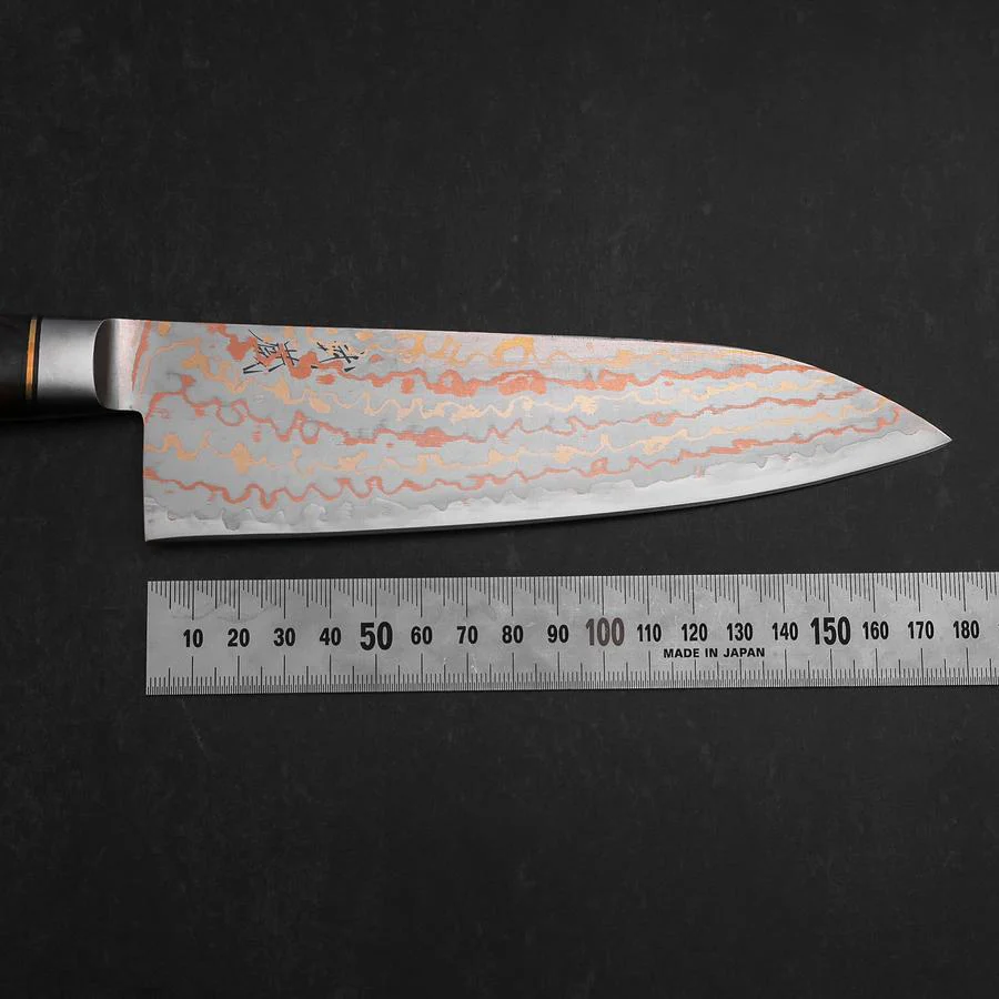 Santoku Blue Steel #2 Edelstahlummantelung Kolorierter Damast Westlicher Eisenholz Griff 180mm - Image 7