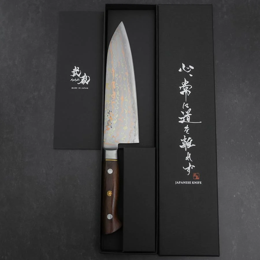 Santoku Blue Steel #2 Edelstahlummantelung Kolorierter Damast Westlicher Eisenholz Griff 180mm - Image 8