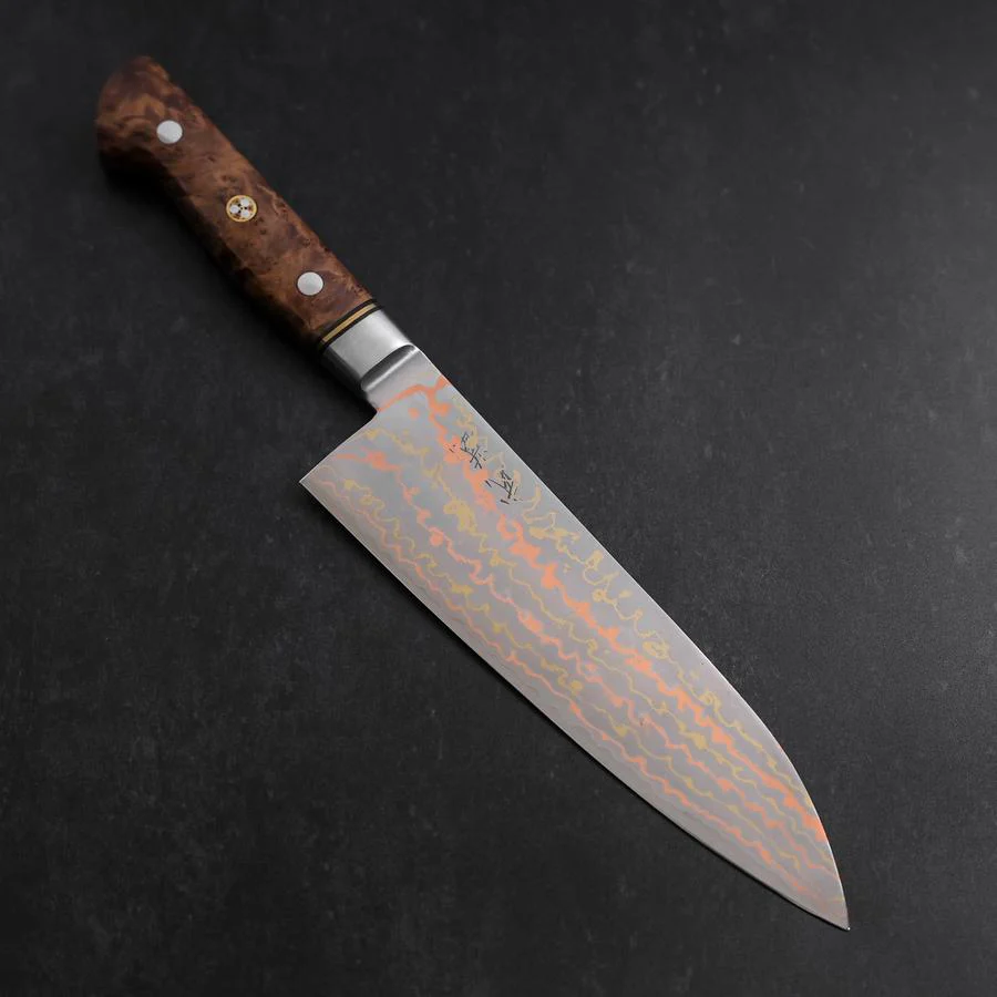 Santoku Blue Steel #2 Edelstahlummantelung Kolorierter Damast Westlicher Quittenholz Griff 180mm