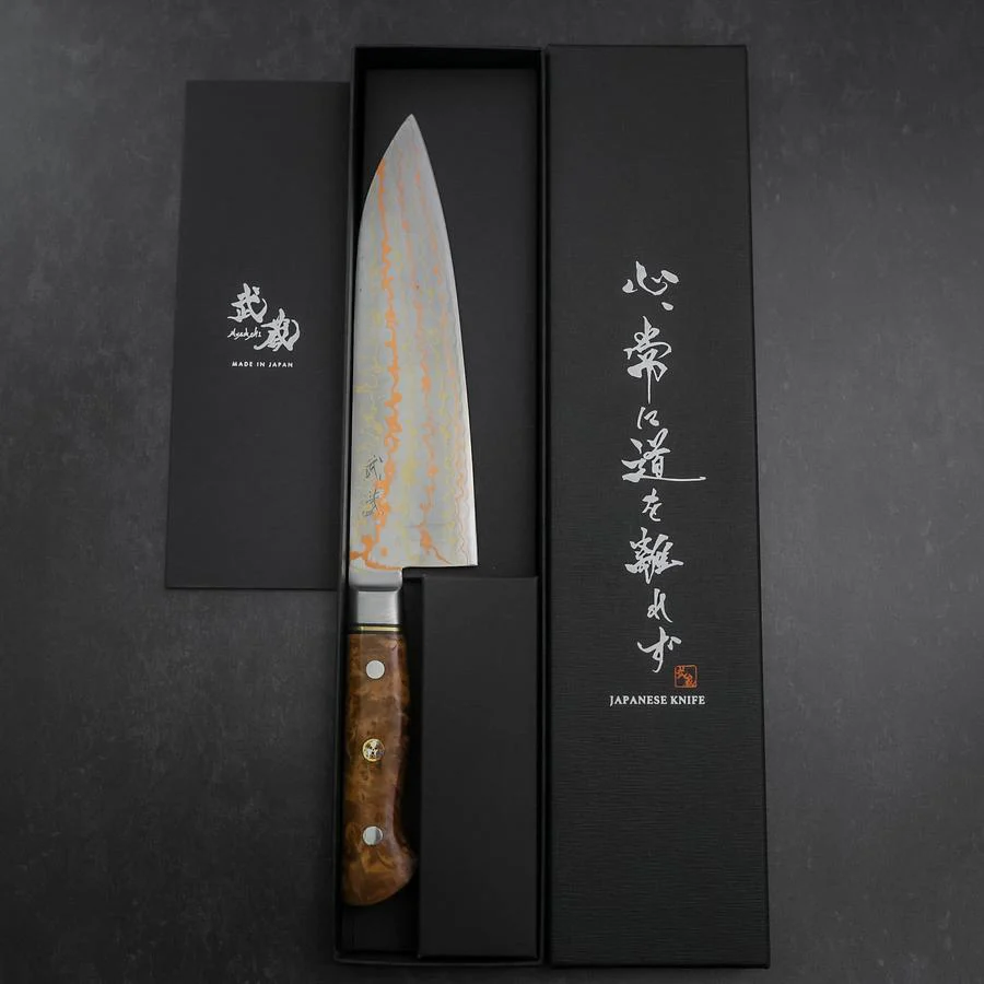 Santoku Blue Steel #2 Edelstahlummantelung Kolorierter Damast Westlicher Quittenholz Griff 180mm - Image 8