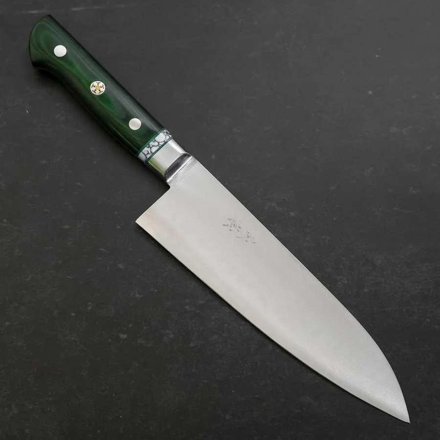 Santoku Blue Steel #2 Edelstahlummantelung Poliert Grüner Micarta Griff mit Türkis Inlay 180mm
