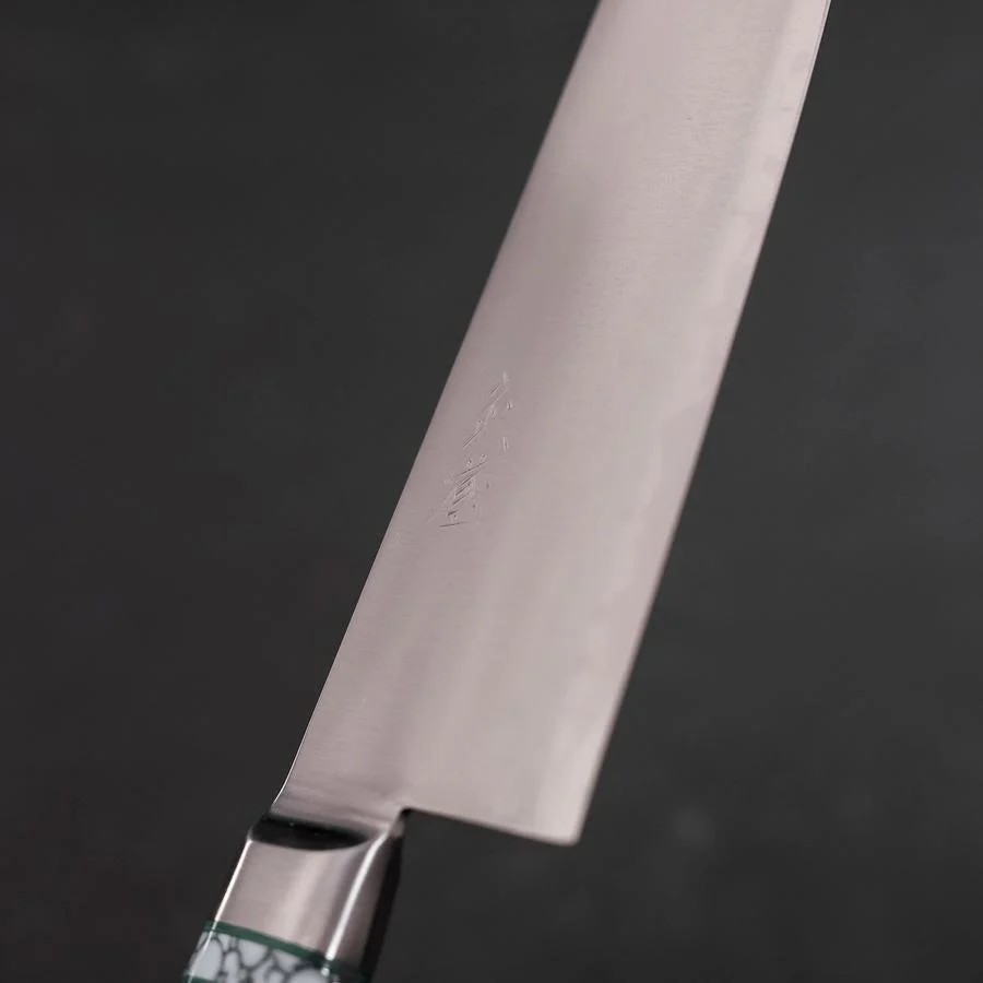Santoku Blue Steel #2 Edelstahlummantelung Poliert Grüner Micarta Griff mit Türkis Inlay 180mm - Image 3