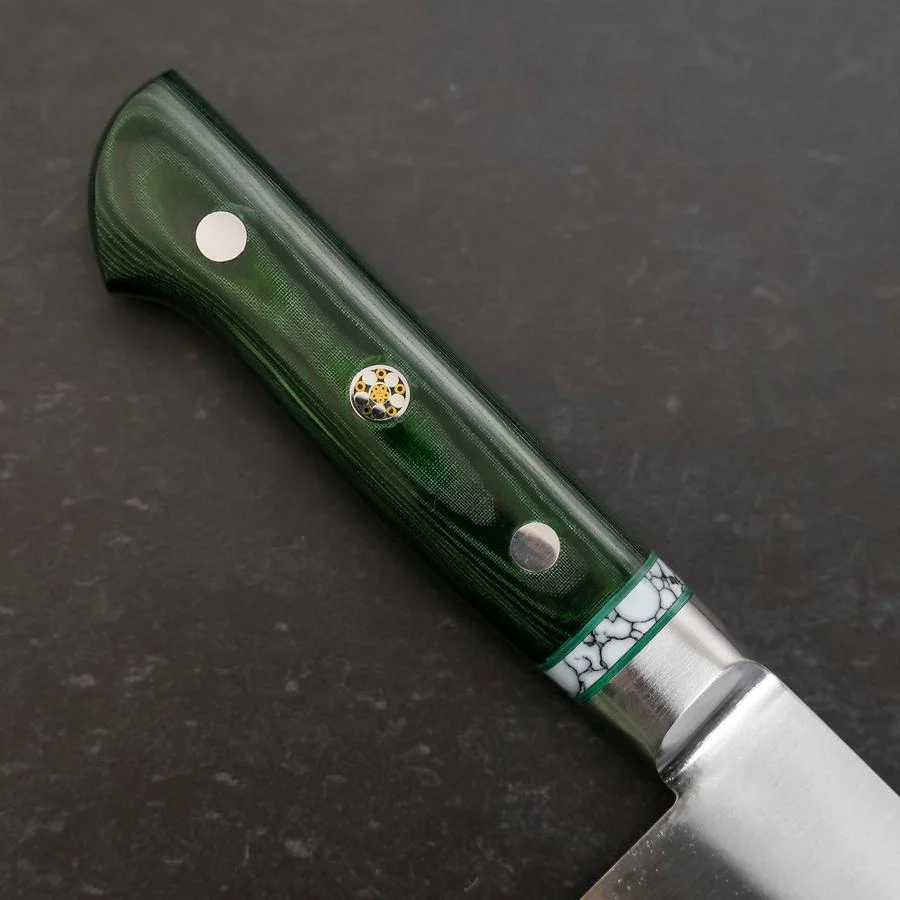 Santoku Blue Steel #2 Edelstahlummantelung Poliert Grüner Micarta Griff mit Türkis Inlay 180mm - Image 6