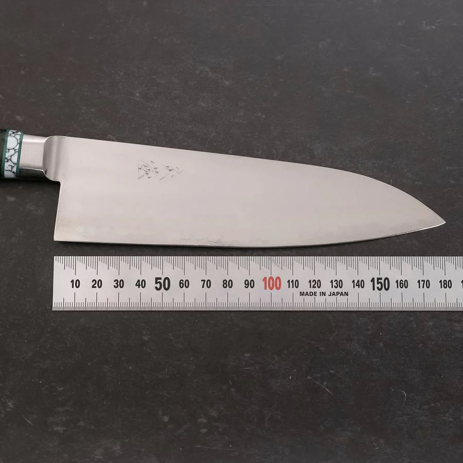 Santoku Blue Steel #2 Edelstahlummantelung Poliert Grüner Micarta Griff mit Türkis Inlay 180mm - Image 7