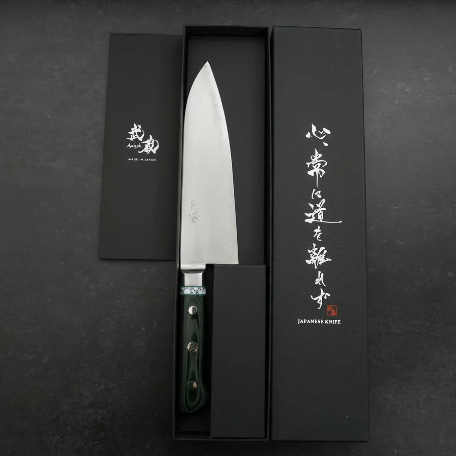 Santoku Blue Steel #2 Edelstahlummantelung Poliert Grüner Micarta Griff mit Türkis Inlay 180mm - Image 8