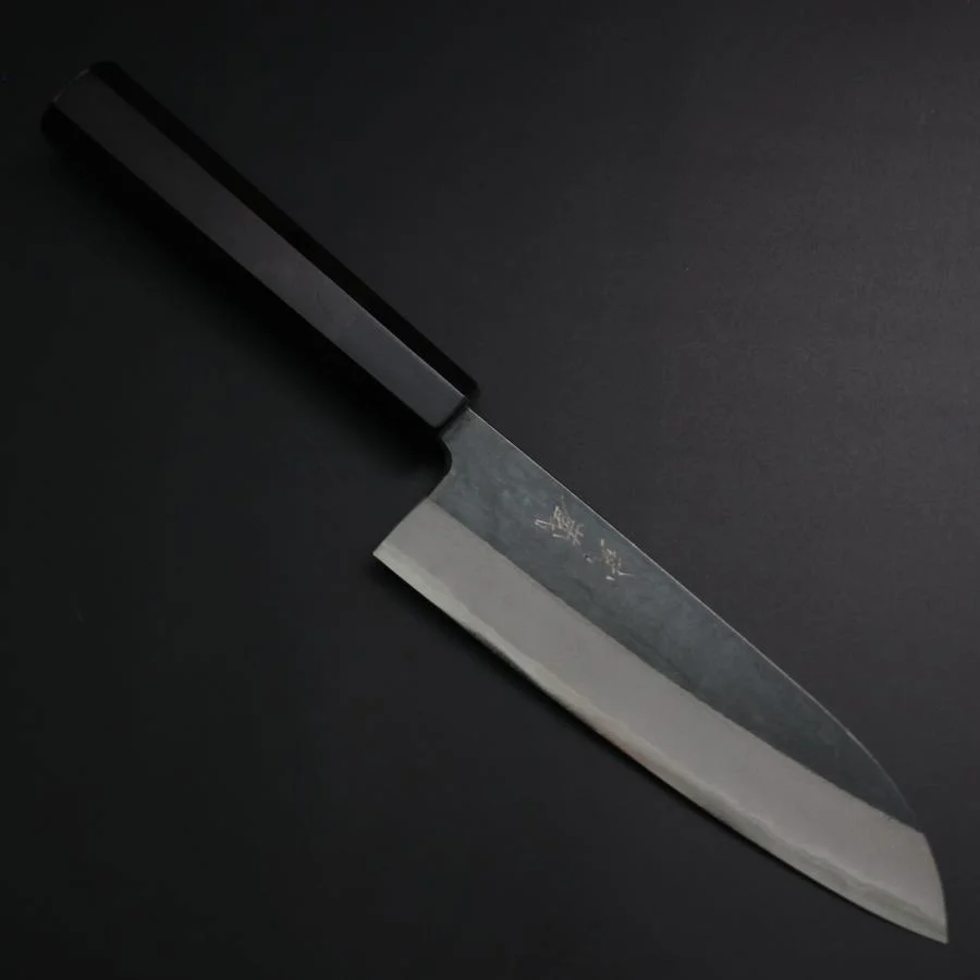 Santoku Blue Steel #2 Kurouchi Büffelhorn und Ebenholz Griff 165mm